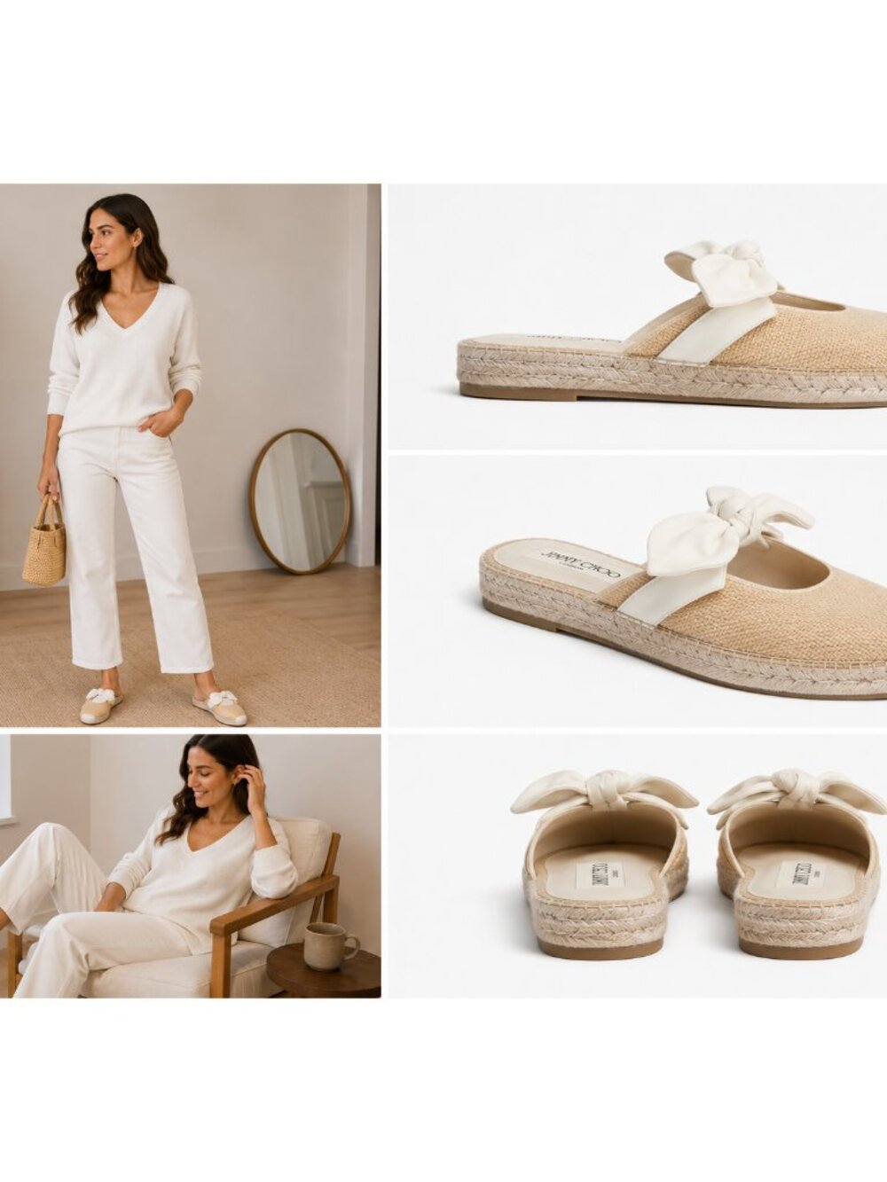 Jimmy Choo Reka knot bow espadrille mules leather and natural raffia Sz 38 Multi